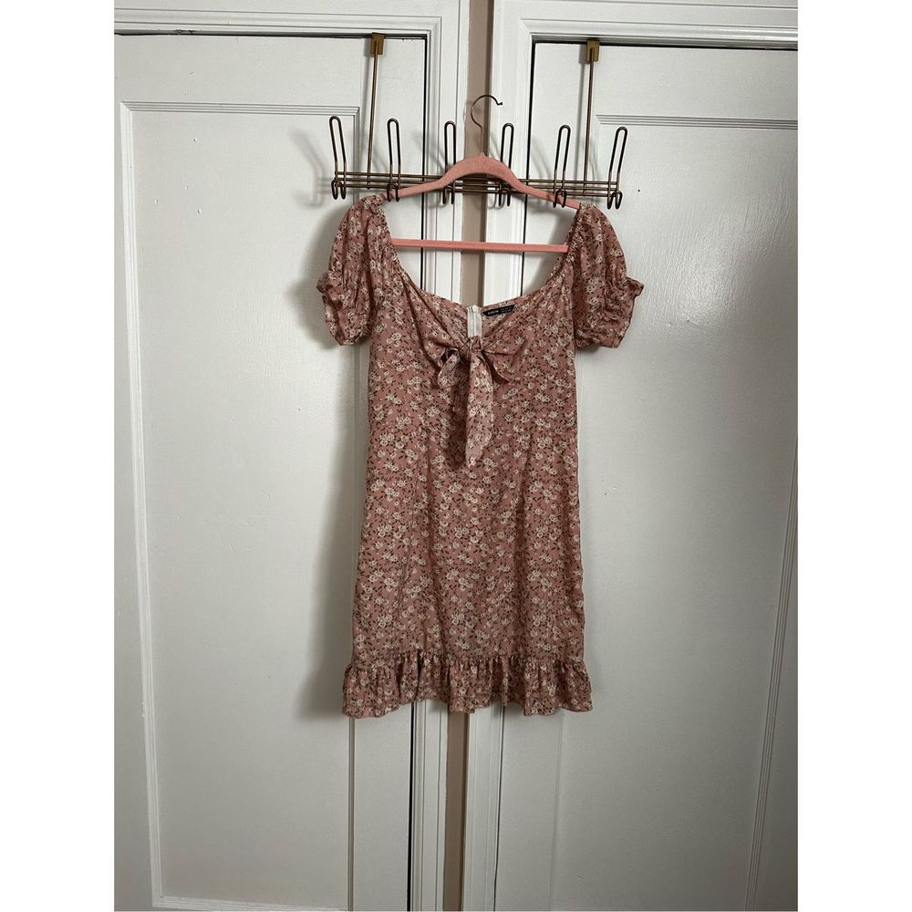 Medium Floral Print Pink Dress Ruffle Hem Tie Front